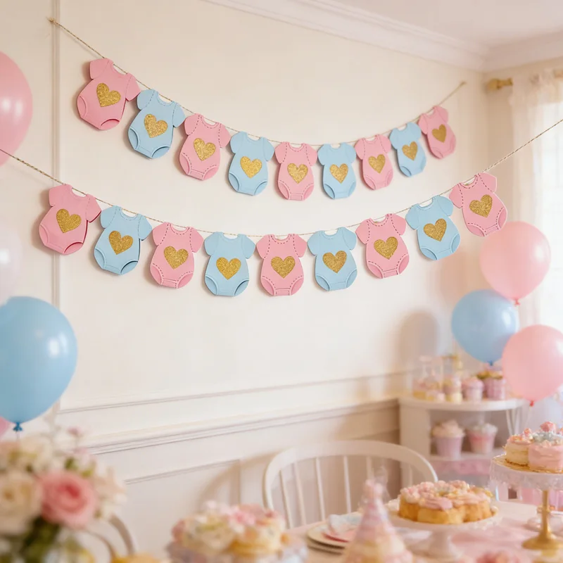 1pc Gender Revealing Banner Pink And Blue Heart Jumpsuit String Flag Baby Shower Birthday Holiday Background Decoration Supplies