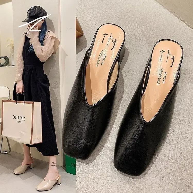 

Baotou half slippers women 2025 summer new square head mid-heel Korean ladies slippers Muller shoes