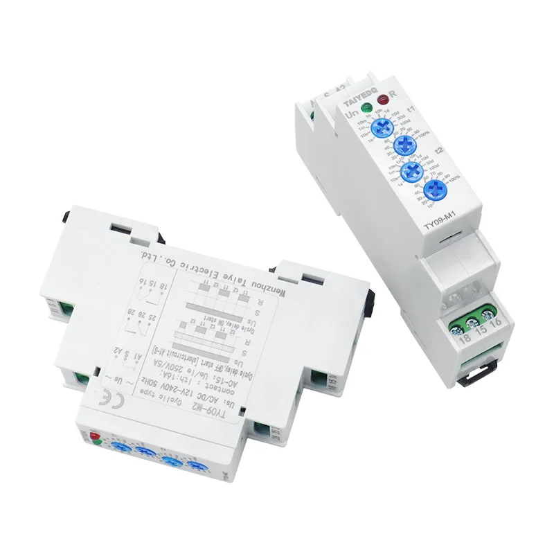 TY09-M1 M2 Cyclic Delay Timer Relay Switch SPDT 220V 16A AC/DC12V-240V 50/60Hz 0.1s-100 Days 2SPDT Din Rail