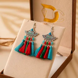 Fashion Boho Enameled Geometric Sector Drop Dangle Earrings For Women Round Beads Handmade Tassel Boho Wedding Jewelry Gift