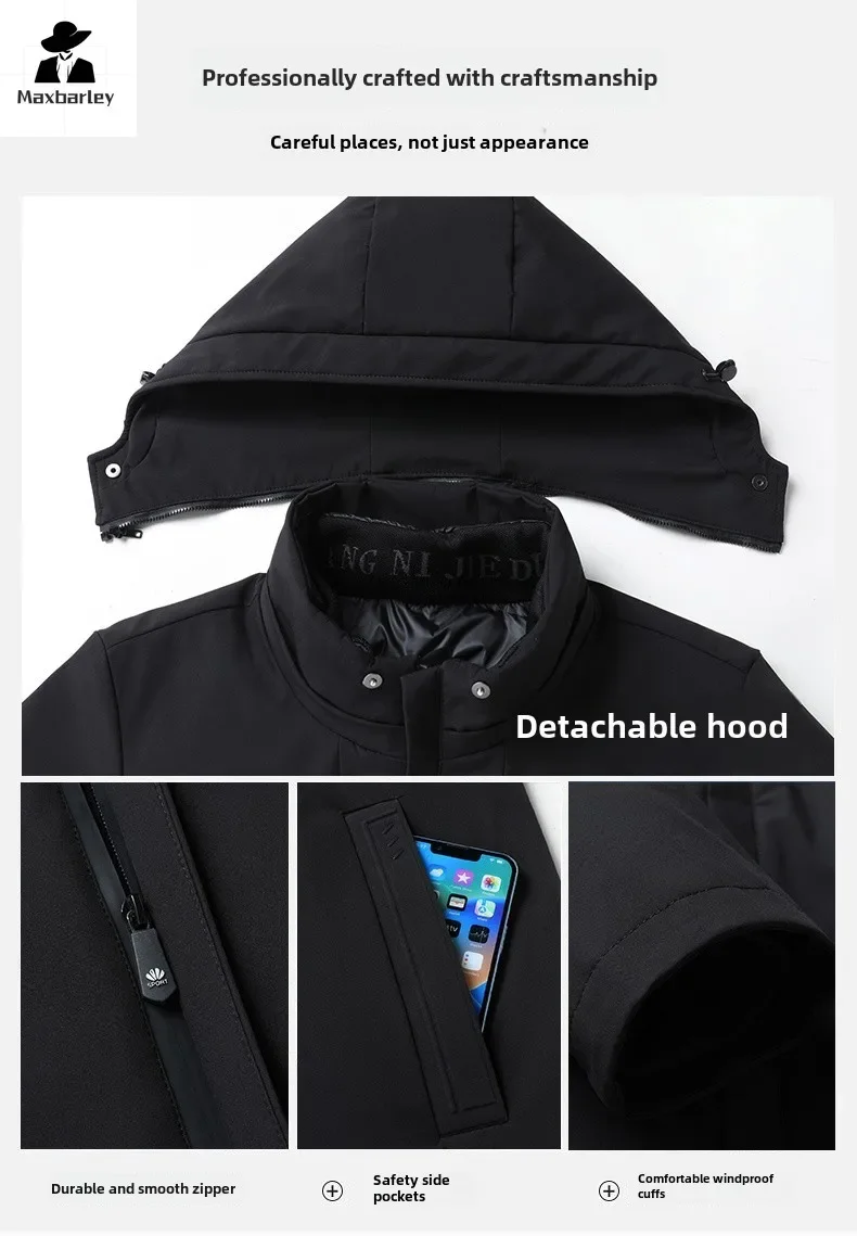Mens Winter Down Jacket Leisure Commuting Office Lightweight Padded Jackets Detachable Down Lined Hooded Thick Warm Overcoat
