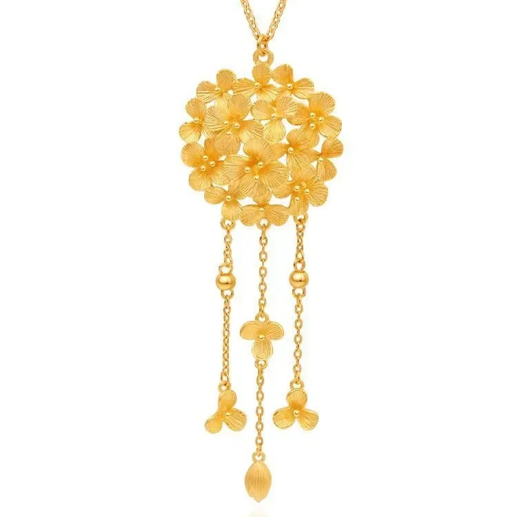 9999 real gold 24K yellow gold Hydrangea Tassel Necklace Fashion Antique Niche