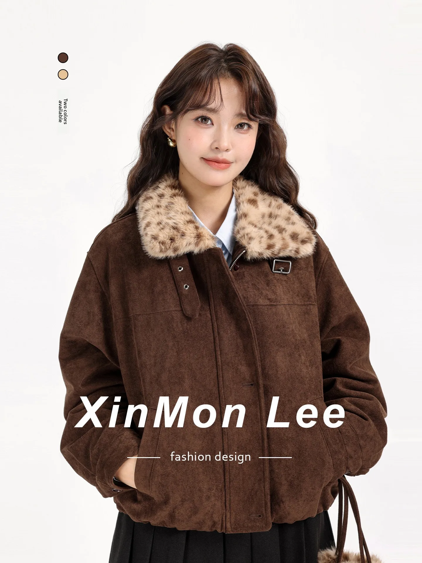 Caramel Brown Leopard Print Color Block Warmth Outerwear Women's Winter High-End Short Suede Thickened Cotton Jacket