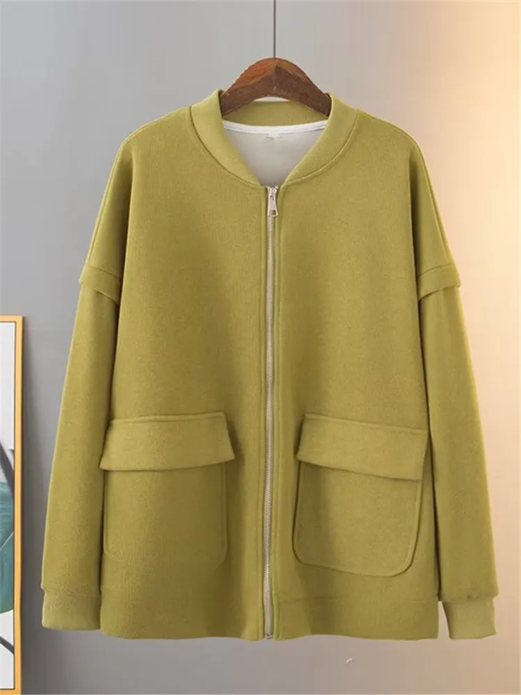 

Plus Size Women's Clothing Stand Collar Spring And Autumn Long Sleeve Coat Casual Jacket With Zippers And Pockets For Busty Lady