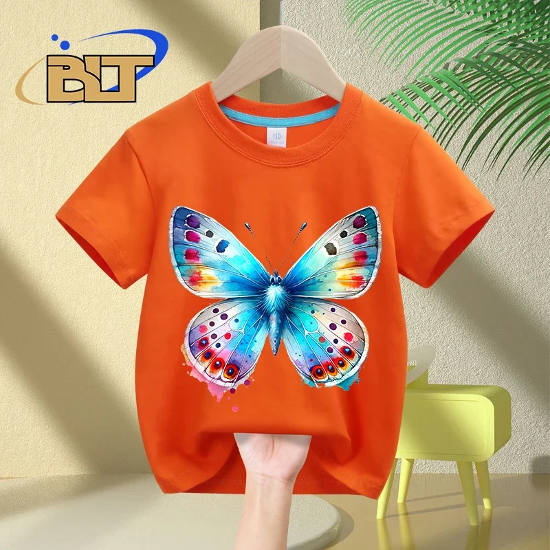 Watercolor Colorful Butterfly print kids T-shirt summer children's cotton short-sleeved casual tops for boys and girls