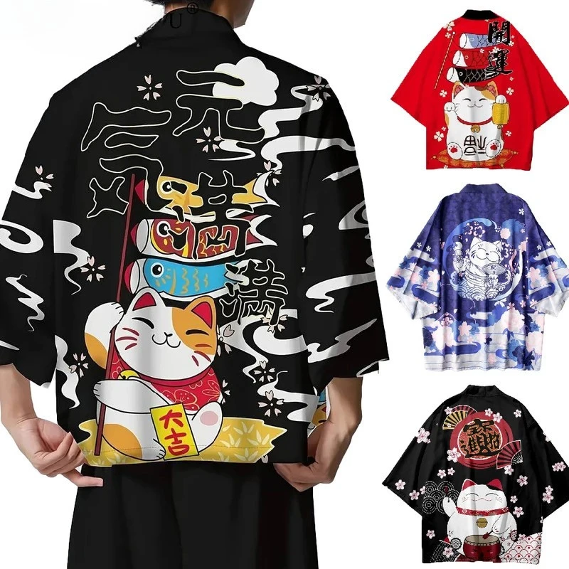 طباعة قطة على الطراز الياباني، هاوري كيمونو، يوكاتا، الساموراي، كيمونو للرجال والنساء، الملابس الآسيوية التقليدية، سترة هاراجوكو
