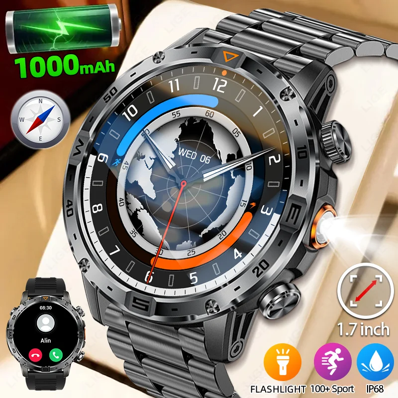 LIGE New Military Outdoor Sport Smart Watch 1000mAh Big Battery Men Flashlight Compass IP68 Waterproof 1.7" BT Call Smartwatch