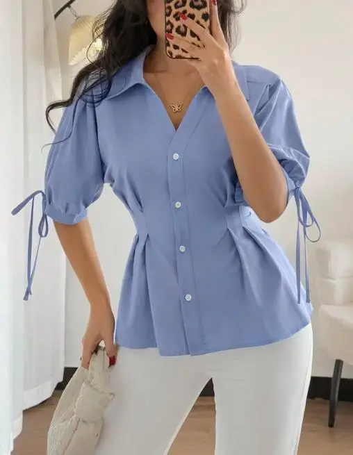 

Fashion Women's Shirt Collar Solid Color Shirt Half Sleeve Drawstring Waist Cinched Cardigan Shirt Women's Temperament Shirt