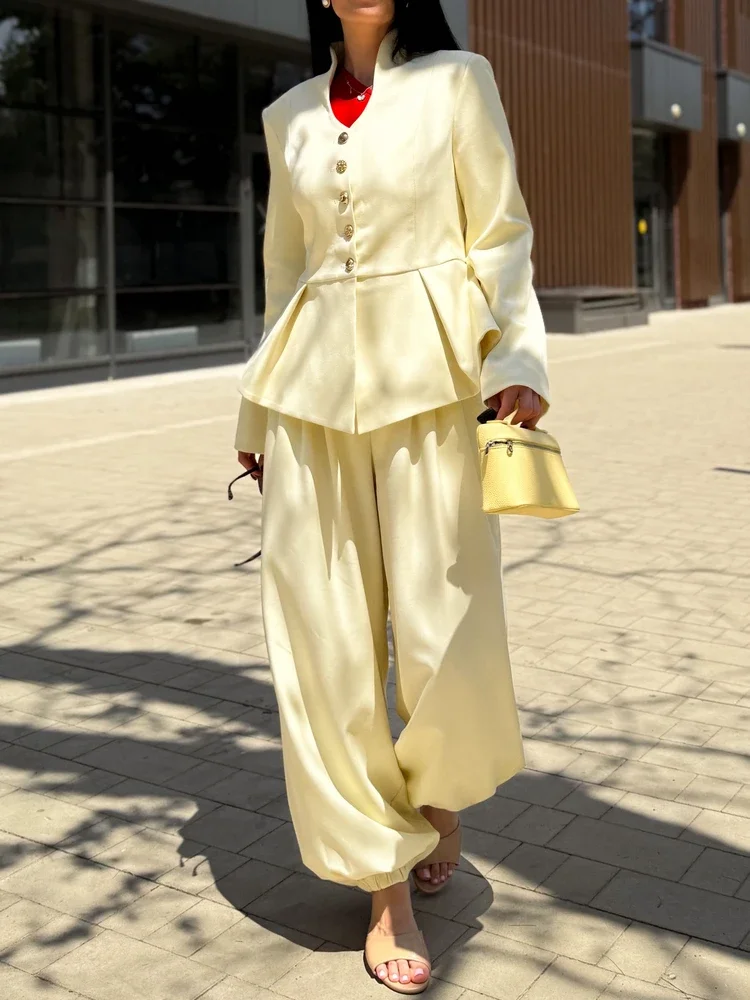 Laru 2026 Light Yellow Peplum 2Pcs Women Suit V Neck Button Blazer Elastic Cuff Pants Elegant Office Summer Matching Set view 2