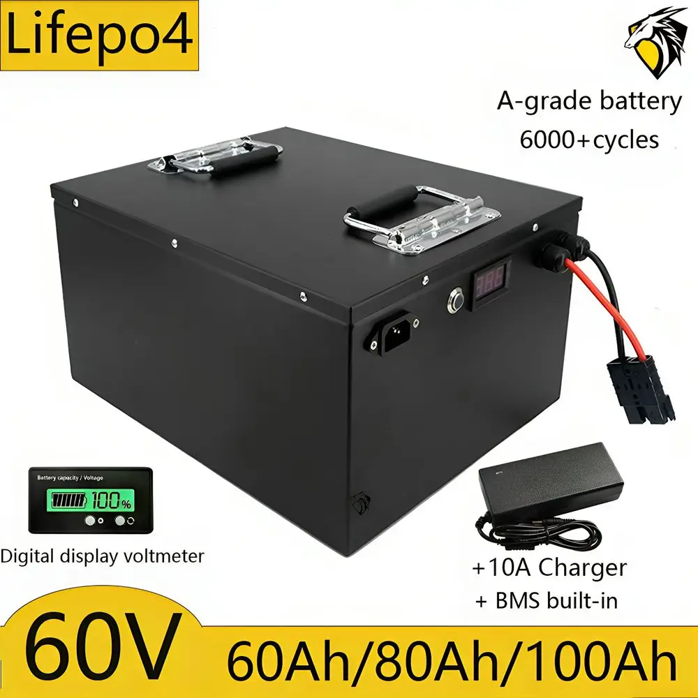 

60V 60Ah 80Ah 100Ah LiFepo4 lithium batetry for 6000W motorcycle scooter electric rickshaw Lead acid replacement +10A charger