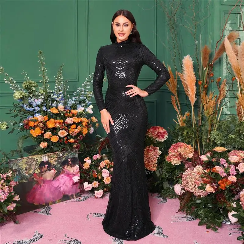 Ele Long Sve round Ne Sequin Dr Women's Par Evening Gown Maid of  Dr High Waist Floor Length Cotton Blend