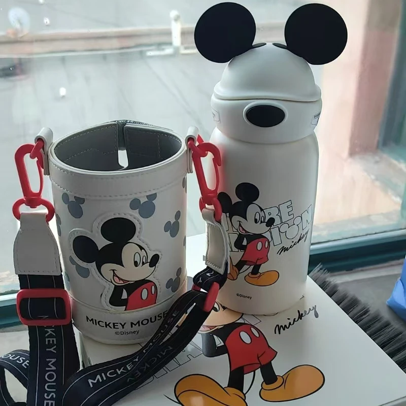 

Disney Mickey cartoon cute student straw cup for boys and girls autumn winter insulated cup with PU cup sleeve water bottle gift