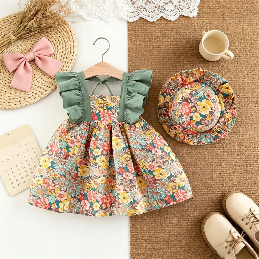 

Baby Dress Summer Floral Cotton Girls' Dress Cute Beach Kids Dress With Hat Baby Girl Clothing