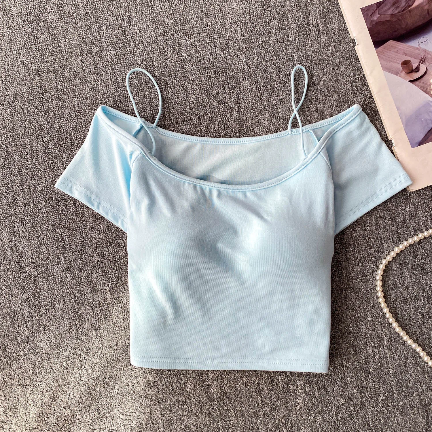 تي شيرت نسائي قصير محبوك مثير بلون واحد، ضيق ومناسب للجسم، مع حشوة للصدر، نسخة كورية أنيقة للعمل #4