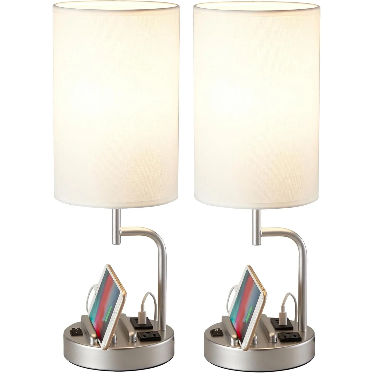 

Modern desk lamp with 3 USB charging ports, AC power socket and telephone stand, perfect bedside lamp (2-piece set), silver