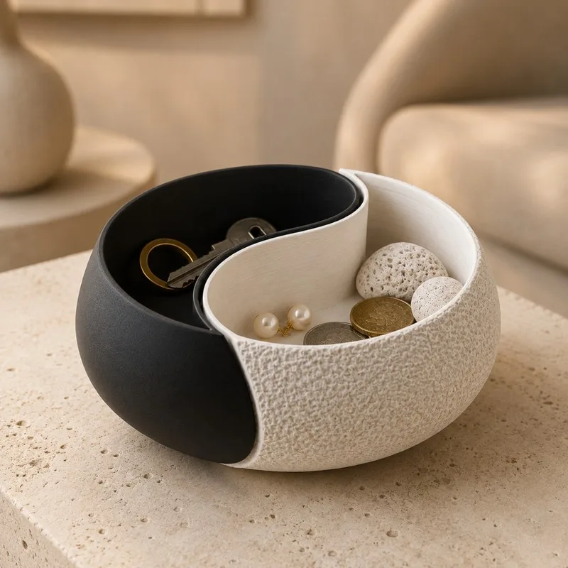3D Printed Black & White Yin-Yang Storage Bowl, Double Compartment Jewelry Tray & Key Holder, Modern Zen Decor, For Desk, Booksh