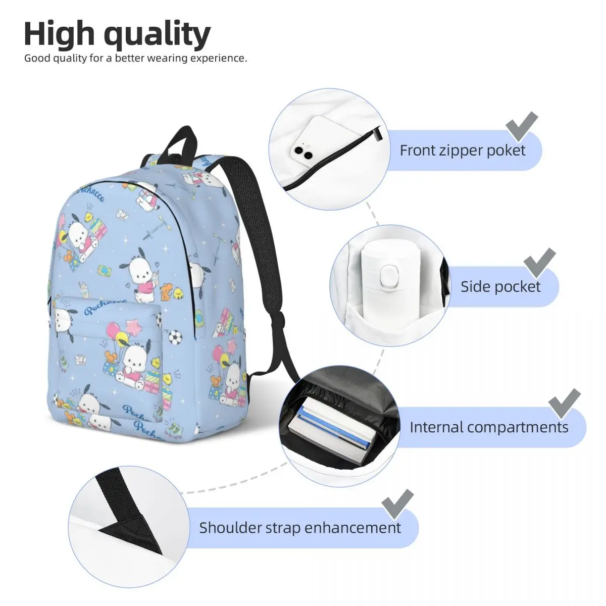 Mochila escolar casual leve impressa Pochacco para escola, ao ar livre, compras, escritório 15 pol. 17 pol.