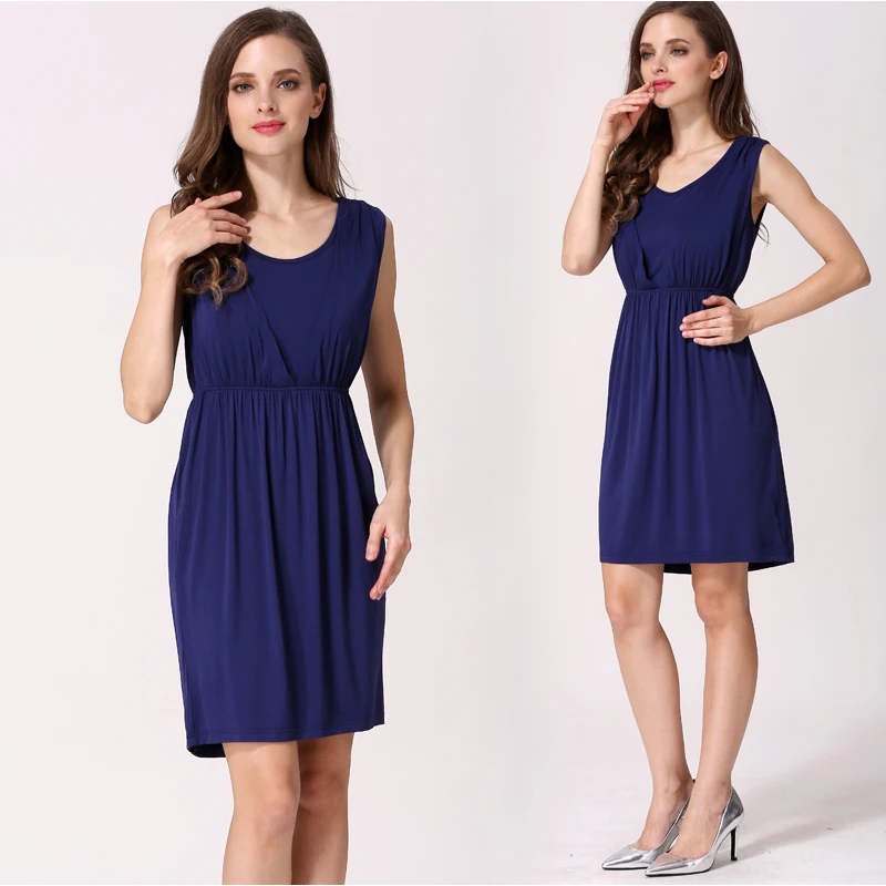 Breastfeeding Maternity Dress Round Neck Sleeveless Cross V Front Elastic Empire Waist Soft Stretch Loose Pregnancy Mini Dress