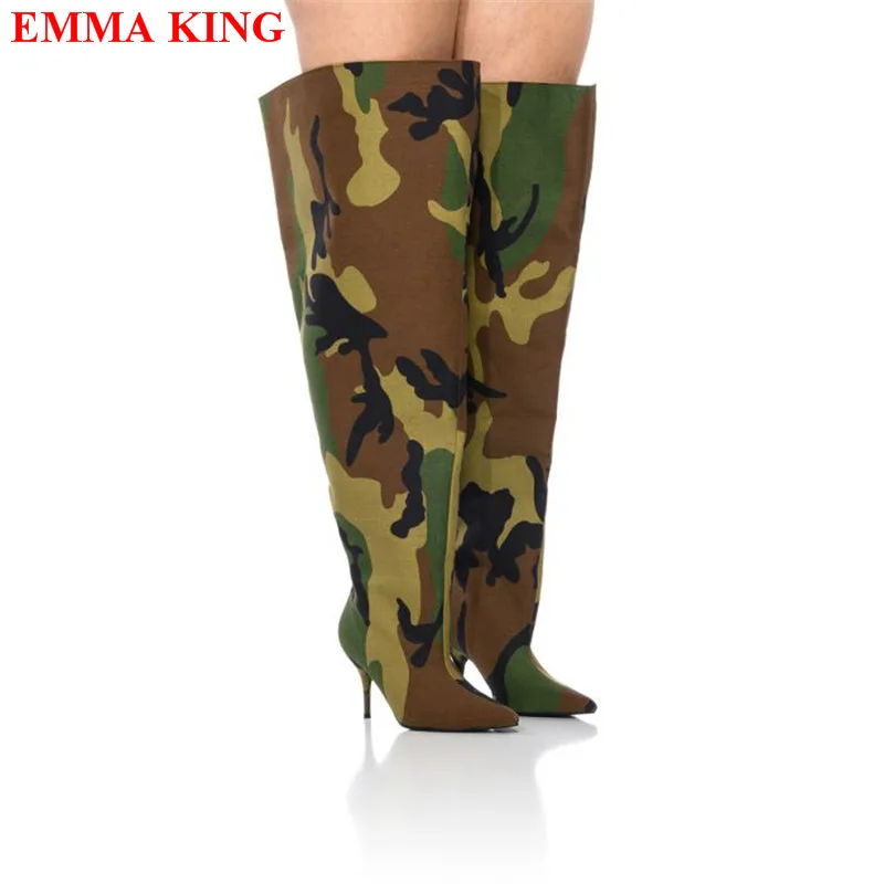 Women\'s Camouflage Over The Knee Boots Pointed Toe Slouchy Wide Thigh High Boots Fashion High Heels Stiletto Party Shoes Woman