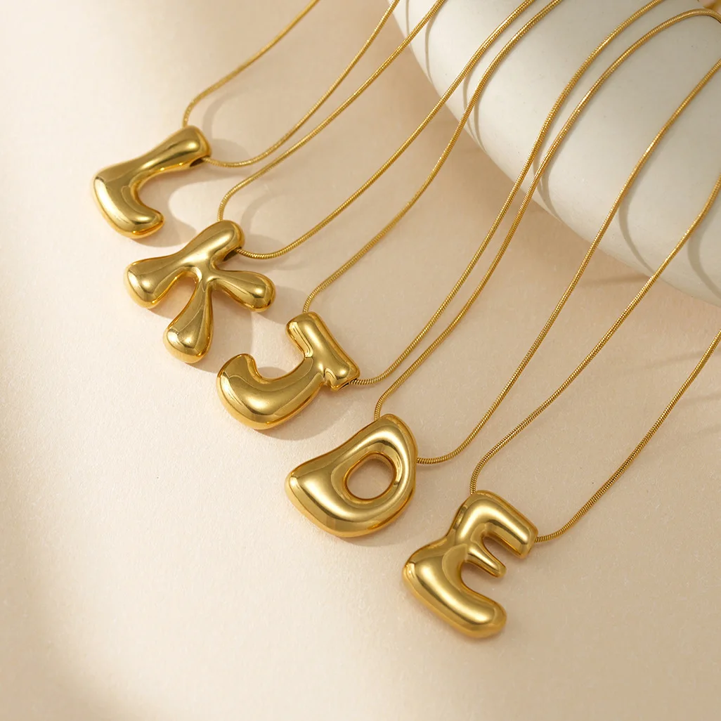 CARLIDANA Initial Stainless Steel Women Gold Plated Bubble Balloon Letter Personalized Round Snake Chain Chunky Name Necklace