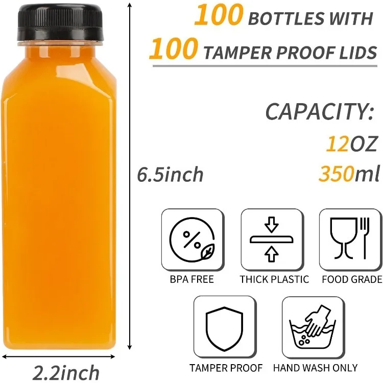 100pcs Juice Bottles, 12oz Plastic Bottles with Caps, Reusable Juice Bottle with Caps Clear Bulk Beverage Containers with