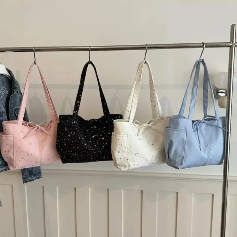 Bolso tote azul claro con purpurina y estrellas, con lazo decorativo, múltiples bolsillos, bolso informal para la escuela, compras, viajes y salidas diarias
