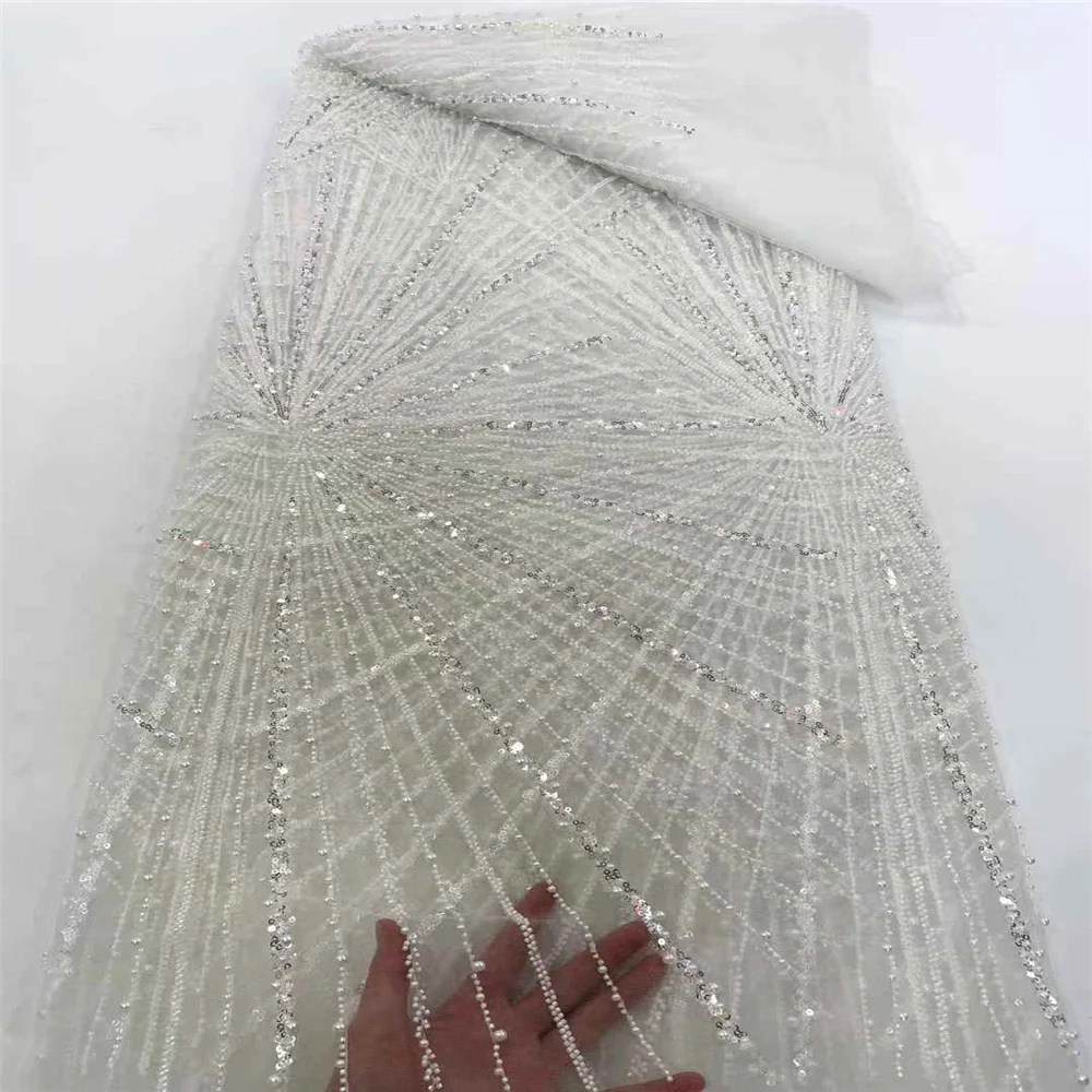 

African Lace Fabric 2025 Sequins Beaded Embroidery Groom Nigerian Bridal High Quality French Tulle Lace Fabric For Wedding