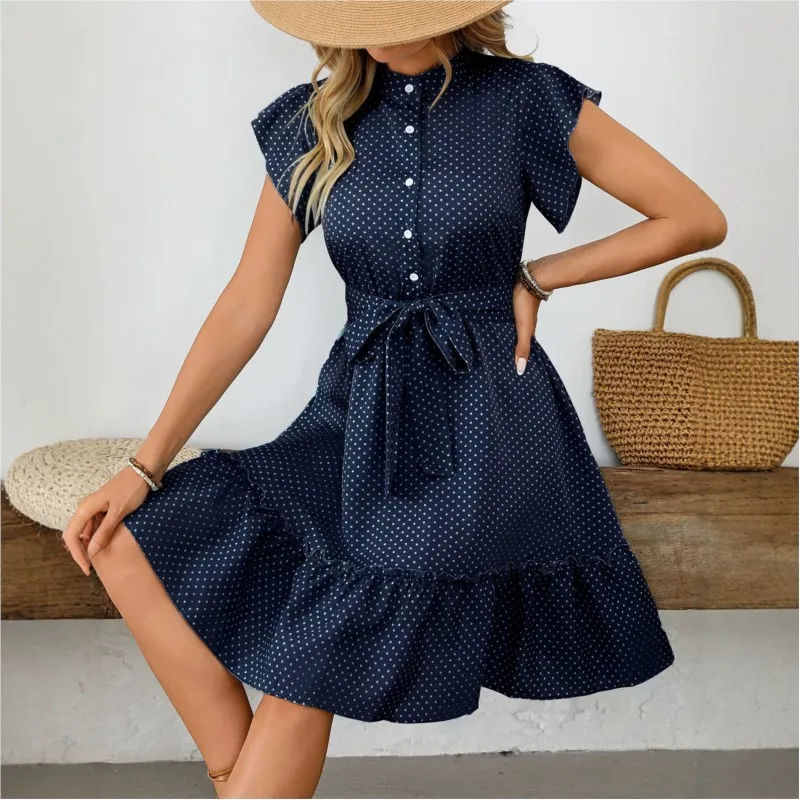 Vacation Trendy Dress New Summer Temperament Lotus Leaf Short-sleeved Lace-up Button A-line Dot Skirt For Women Mini Vestidos
