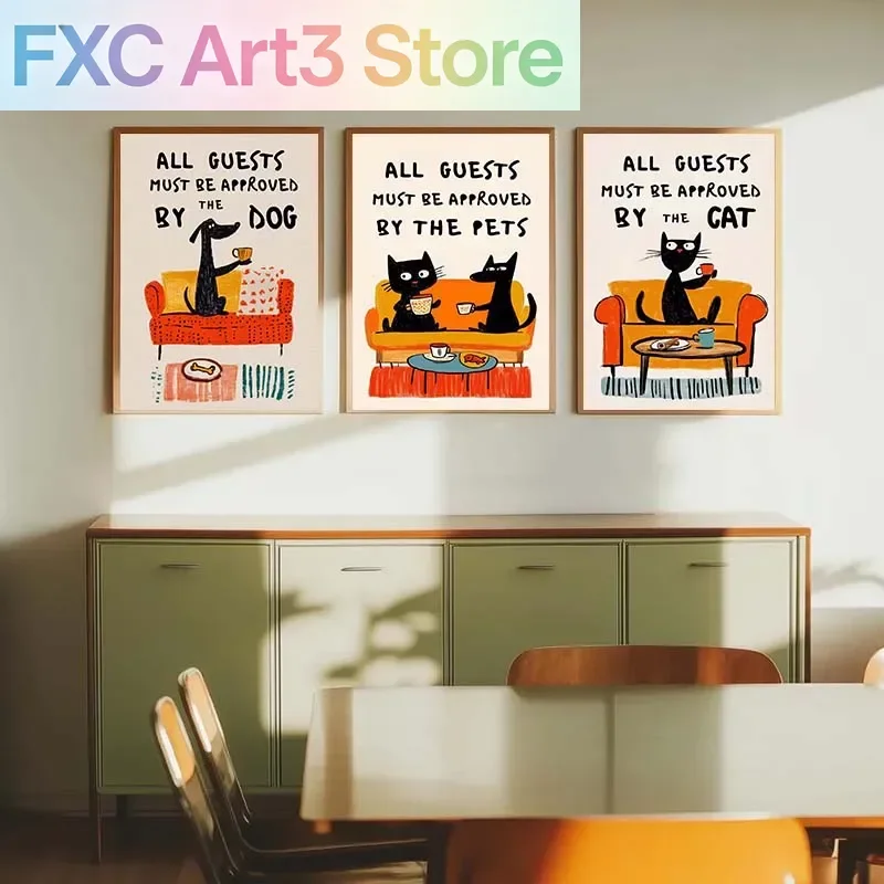 1 pieza de cuadro sin marco, póster divertido para amantes de gatos y perros con la frase 'Todos los invitados deben ser aprobados por el gato', cuadro en lienzo para pared, decoración del hogar