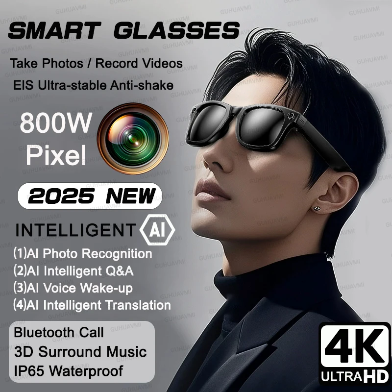 800w Pixel 4K UHD Camera Recording SmartGlasses AI Photo Recognition Answer Translation 270mAh IP65 Waterproof Bluetooth Glasses