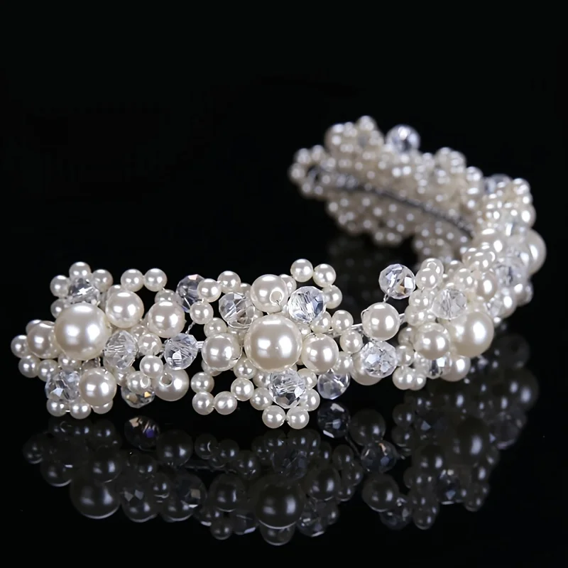 Pearl Crystal Headband Tiara Rhinestone Flower Bridal Headband For Women Bridal Wedding Hair Accessories Jewelry Band Headband