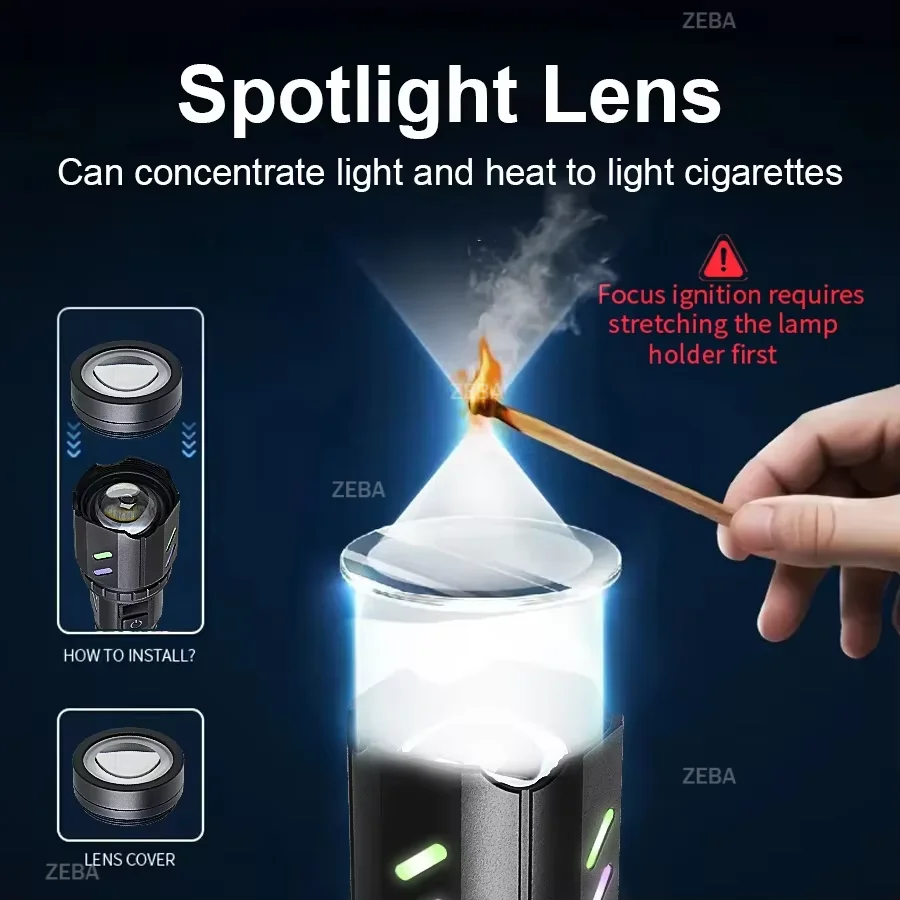 Most Powerful 200000LM Tactical Flashlight Firestarter High Power Led Flashlight Type-C Rechargeable Torch Laser Pointer Outdoor