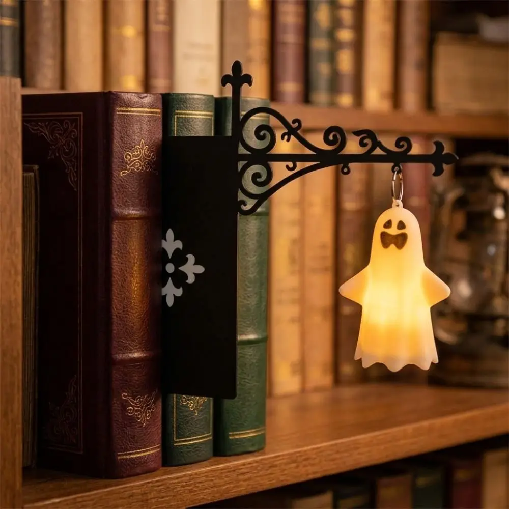 Warm White Light Halloween Ghost Bookshelf Lamp LED Lighting Vintage Style Library Ghost Figurine Lantern Glowing Wrought Iron