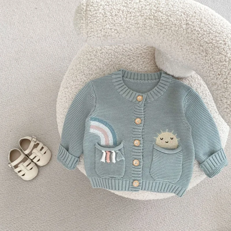 

Girls Boys Rainbow Embroidery Pattern Round Neck Cardigan Coat Kawaii Cotton Knit Cute with Two Pockets Autumn 2026 Kids Baby