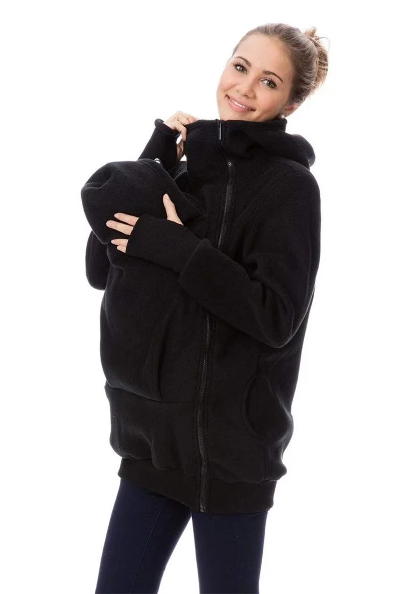 Women's Kangaroo Baby Carrier Hooded Sweatshirt Zipper Maternity Jacket Warm Fleece Mommy Baby Wearing Coat Casual Outerwear