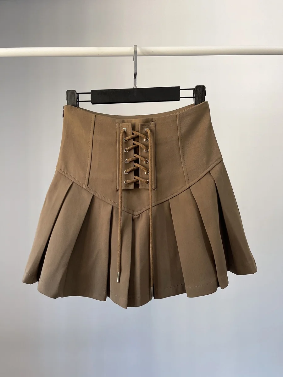 

Sexy High Waist Skirt in Coffee Color American College Sle for Women Slimming Tie Design A-Line Skirt Street Sle