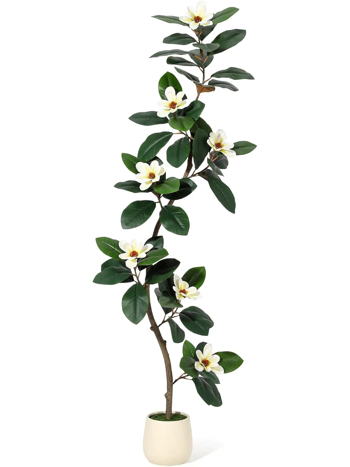 

S-образное искусственное резиновое дерево, цветы магнолии, искусственные растения, искусственные деревья для пола в помещении с белым кашпо, домашний декор для дома