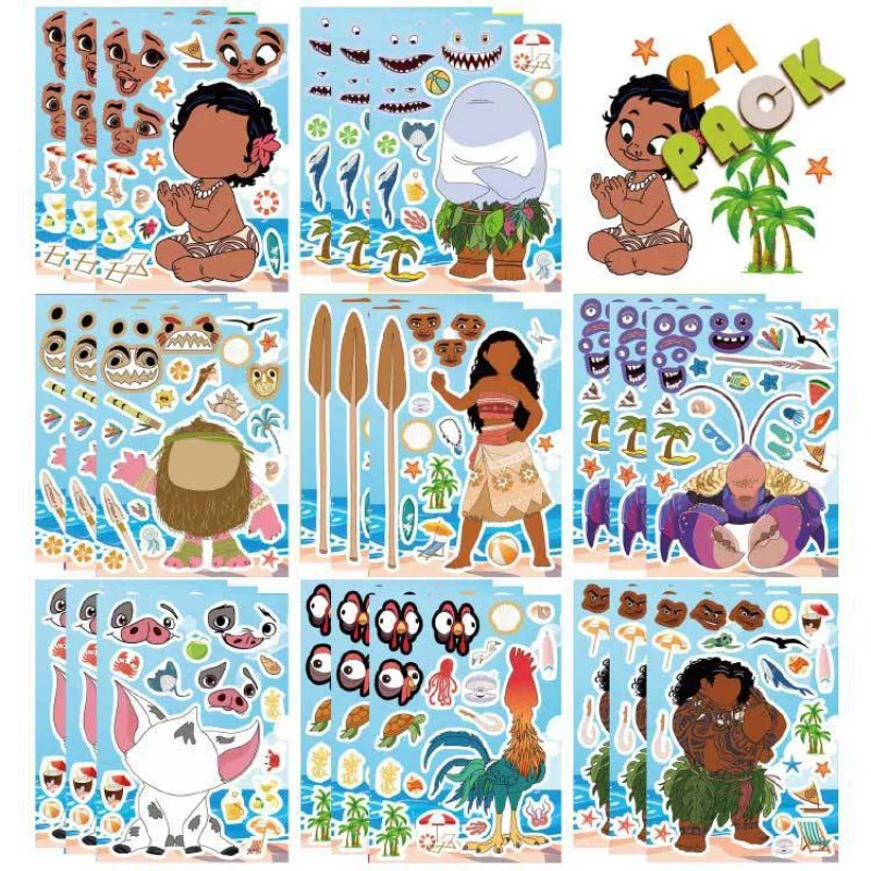 24pcs Disney Moana Stickers Children\'s Assembly Jigsaw Puzzle DIY Jigsaw Stickers Decorations Children\'s Educational Party Toy