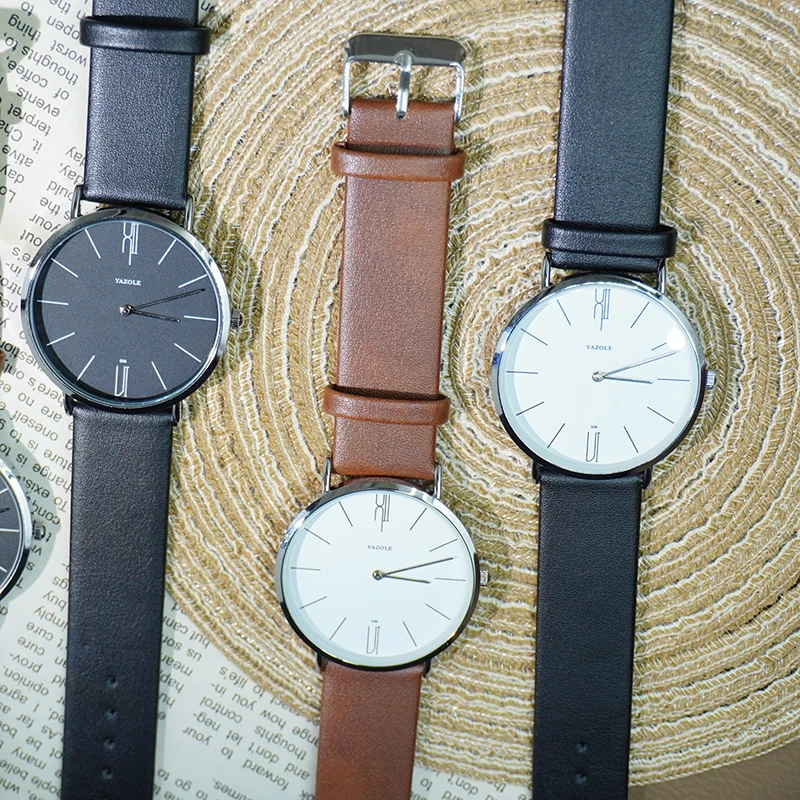 YAZOLE 남성용 패션 간단한 시계 라운드 다이얼 쿼츠 무브먼트 남성용 시계 비즈니스 방수 PU 밴드 남자 손목 시계 선물