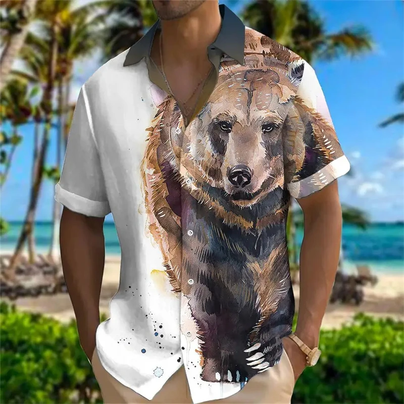 2024 New Summer Hawaiian Shirts For Men 3d Animal Lion Print Blouse Womens Clothes Wolf Pattern Short Sleeve Oversized y2k Tops