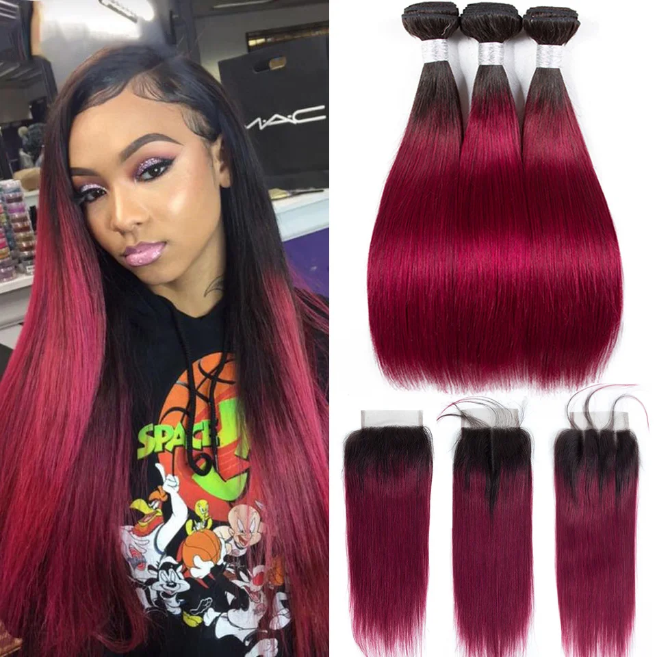 1b 27 Bordeauxrode Bundels Met Sluiting Ombre Gekleurde Rode 3/4 Bundels Met Sluiting Braziliaanse Steil Human Hair Extensions Bundels