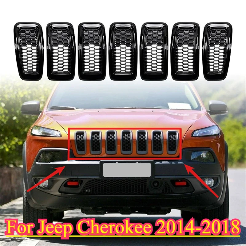 

NONGSHI 7Pcs Grill Ring Front Grille Inserts Cover Trim Gloss Black for Jeep Cherokee 2014 2015 2016 2017 2018