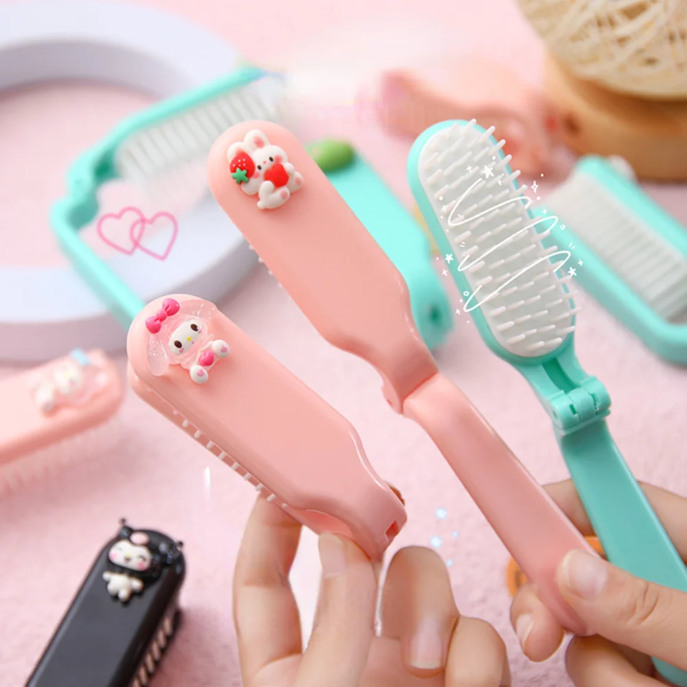 Strawberry Rabbit Travel Hair Comb Portable Folding Hair Brush without Mirror Compact Pocket Size Purse Travel Comb Styling Tool