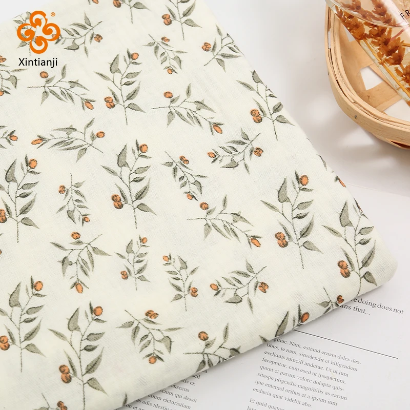 100x135cm Soft Cotton Gauze Fabric Plant Leaves Print Double Layer Gauze Children Flower Pants Pajamas DIY Material By The Meter