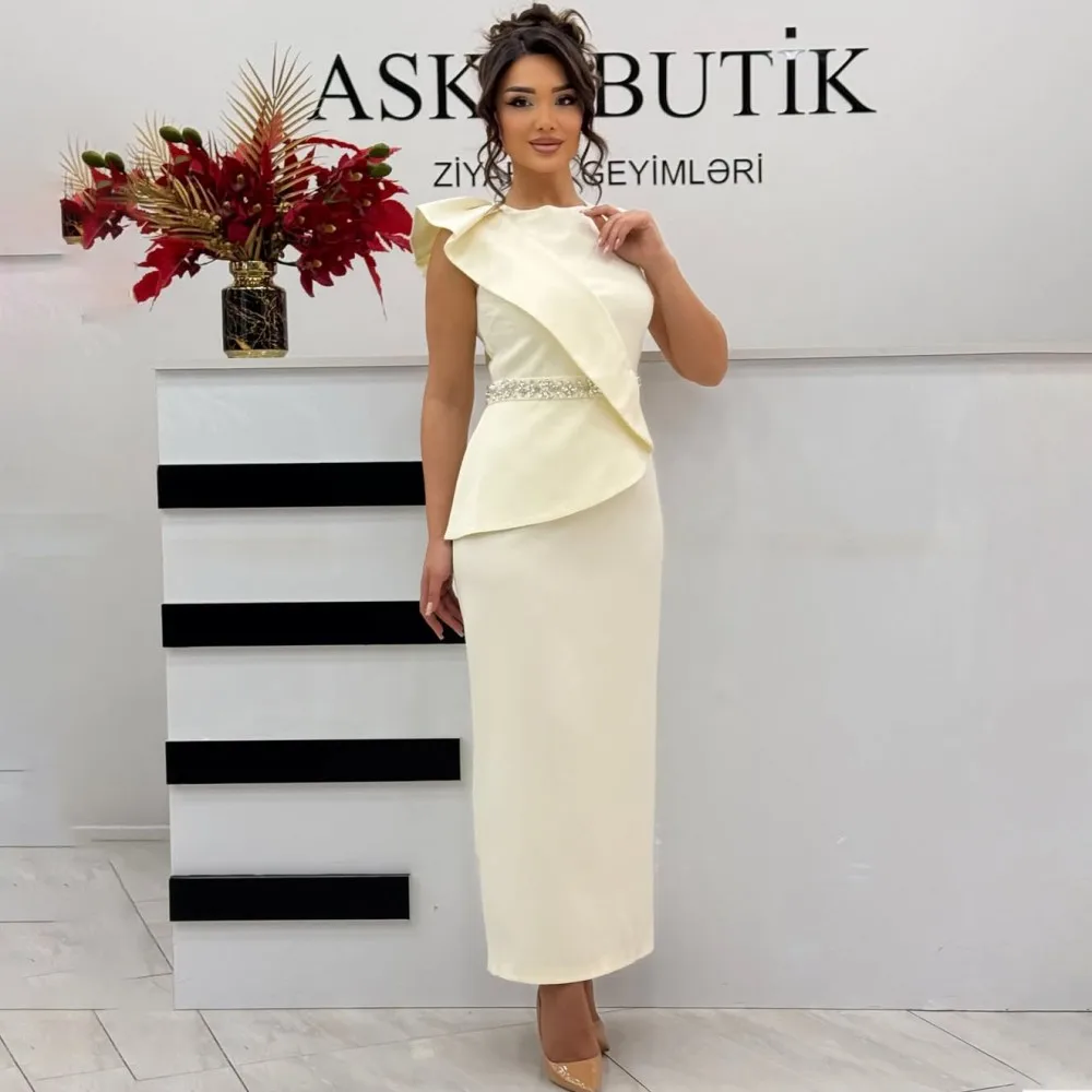 

Eightale 2025 Jersey Ankle Length Beige Mermaid Evening Dress Wedding Party Sleeveless Prom Dress Saudi Arabic Gown Customized