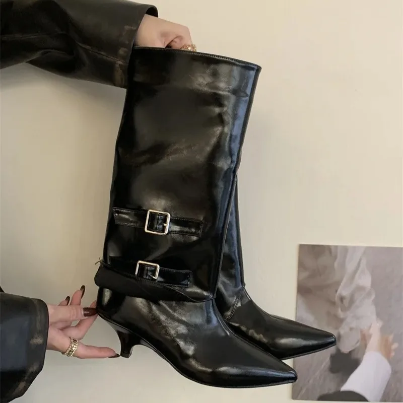 

Модные женские сапоги, темпераментные кожаные сапоги с острым носком, элегантные брюки, ботильоны-трубы, женские сапоги до колена с пряжкой на ремне