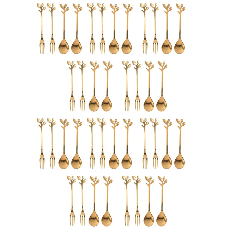 

Tableware Gold Leaf Coffee Spoon Fork,40 Pack(20 Spoons 20 Forks) Little Demitasse Espresso Spoon And Dessert Forks Set