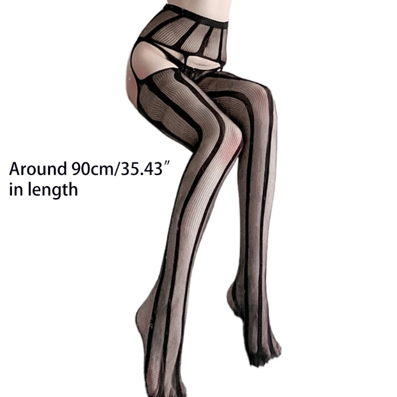 

MXMB Women High Waist Striped Pattern Fishnet Tights Mesh Suspender Pantyhose Sexy Open Crotch Garter Belt Stockings Lingerie