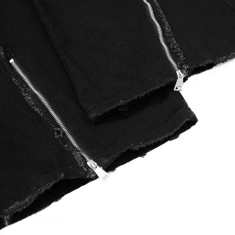 Fringe Heavy Raw Zipper Patchwork Jeans For Men Women High Waist Wide Flare Leg Vintage Street Casual Denim Trousers S4HK