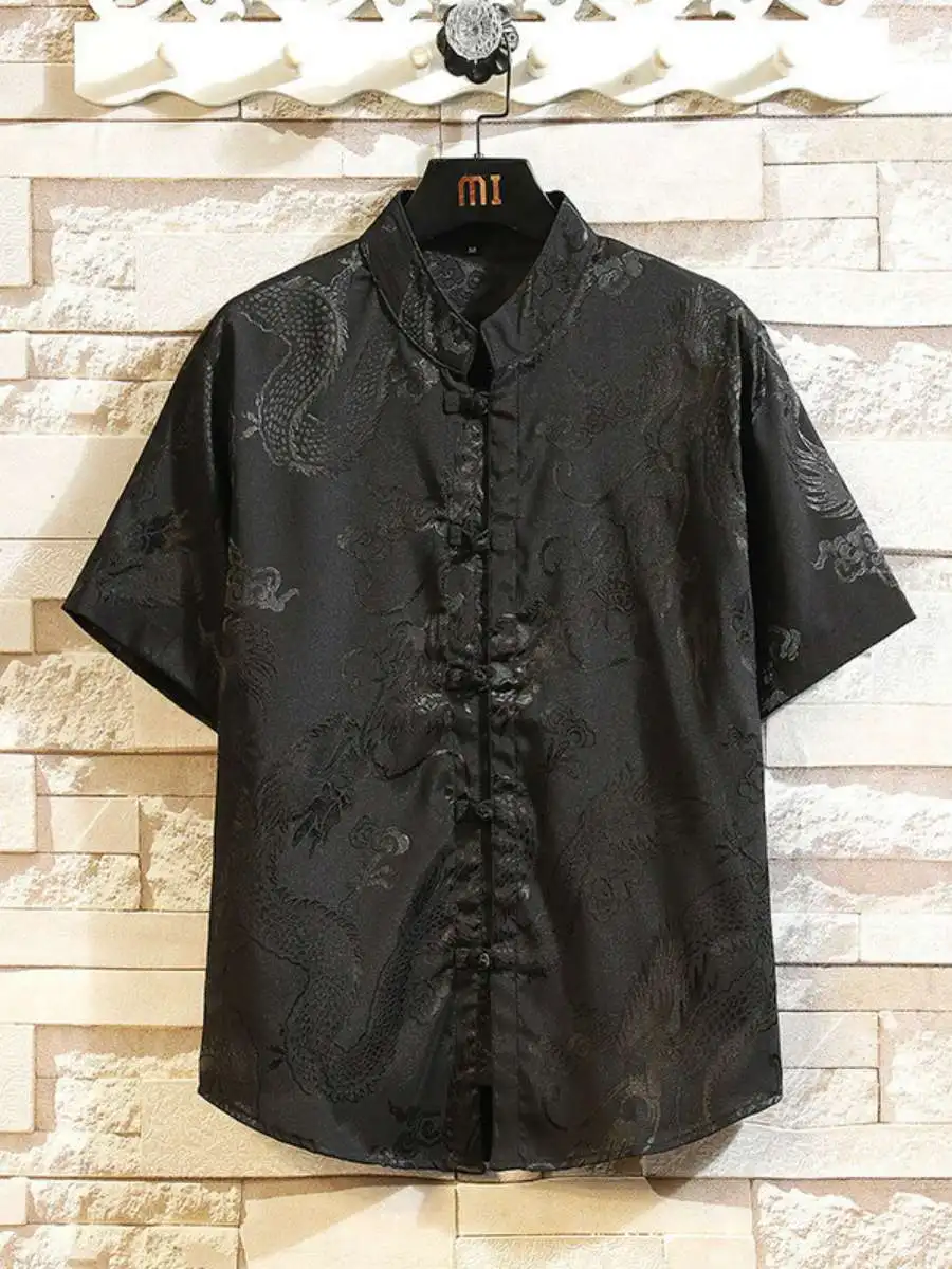 

New Summer Men's Loose Fit ort Sve irt Stand Collar Tang Suit Jaet Large Size Chinese Sle Casual Faion Clothing